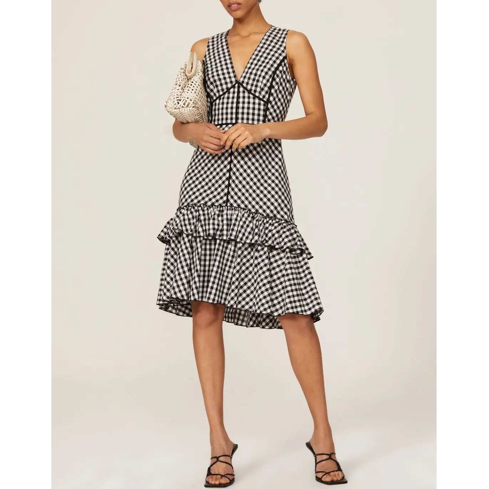 Tome Black White Gingham Ruffle Hem Midi Dress Sleeveless V-Neck‎ Cotton Sz 4